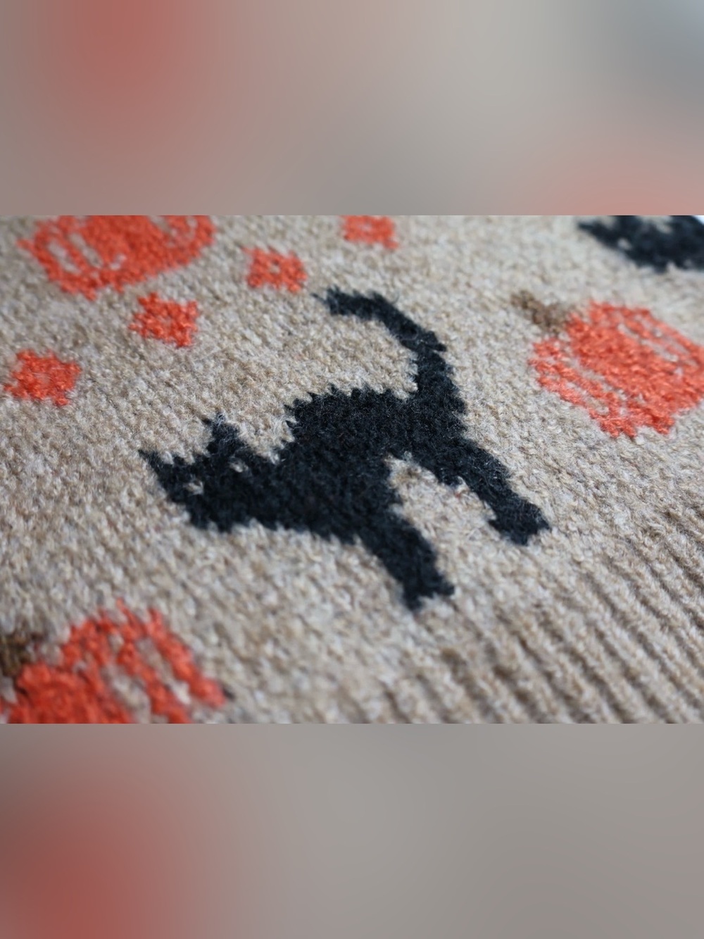 Spooky Tan Black Cat Orange Pumpkin Halloween Sweater Soft Knit Slouchy XL - Picture 4 of 16